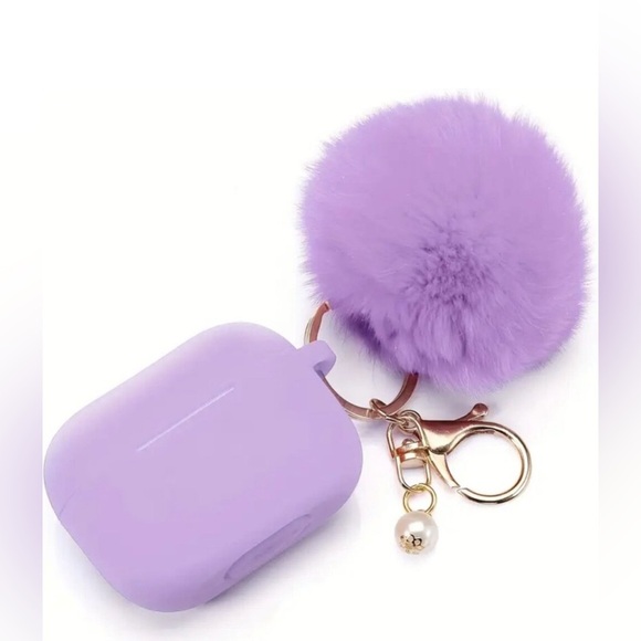 Silicone Air Pod Pro Holder with Lavender Pom Pom Keychain Charm NWT - Picture 1 of 2